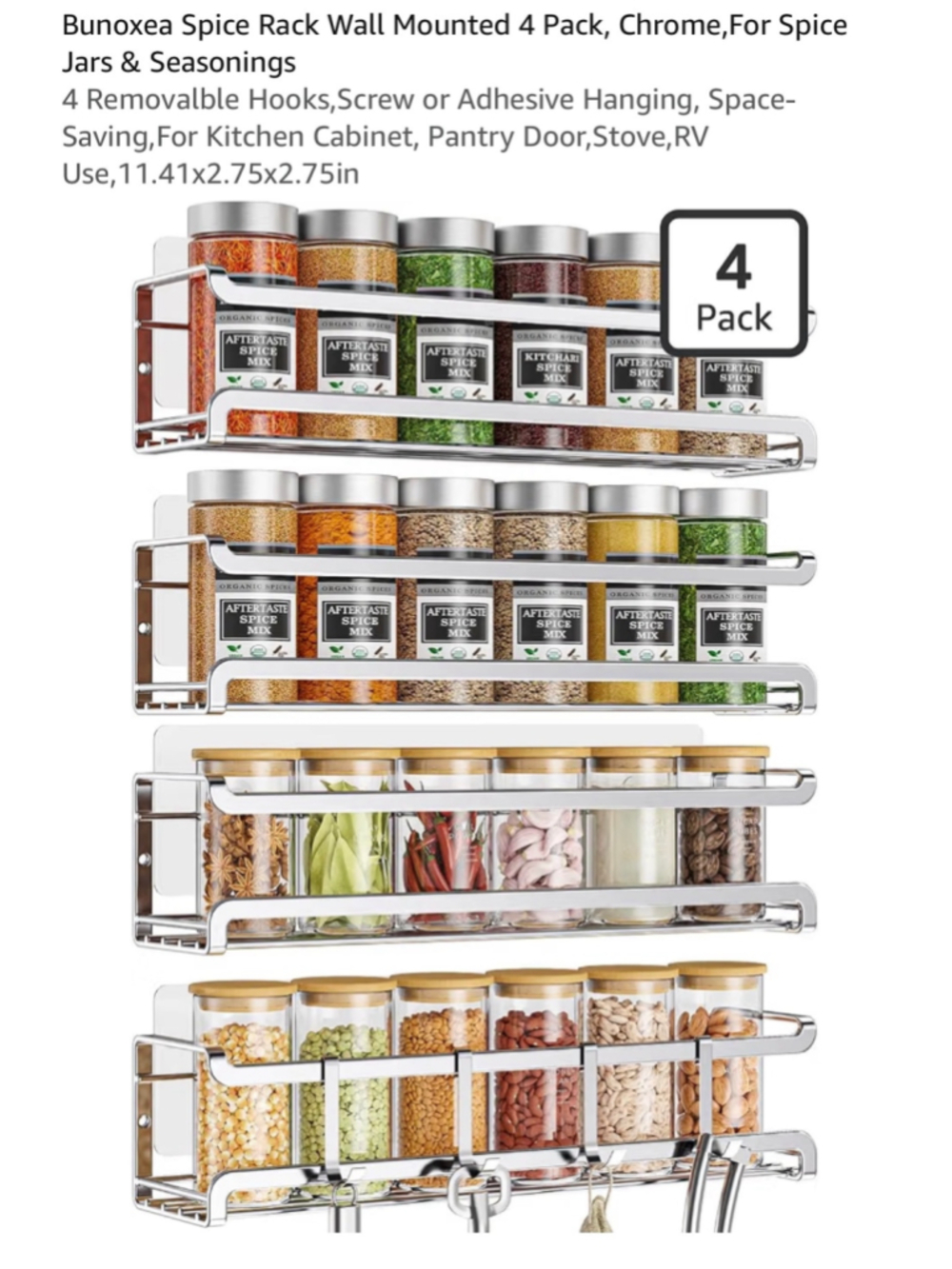 Bunoxea Wall Mounted Spice Rack 4 Pack, One Size, Silver